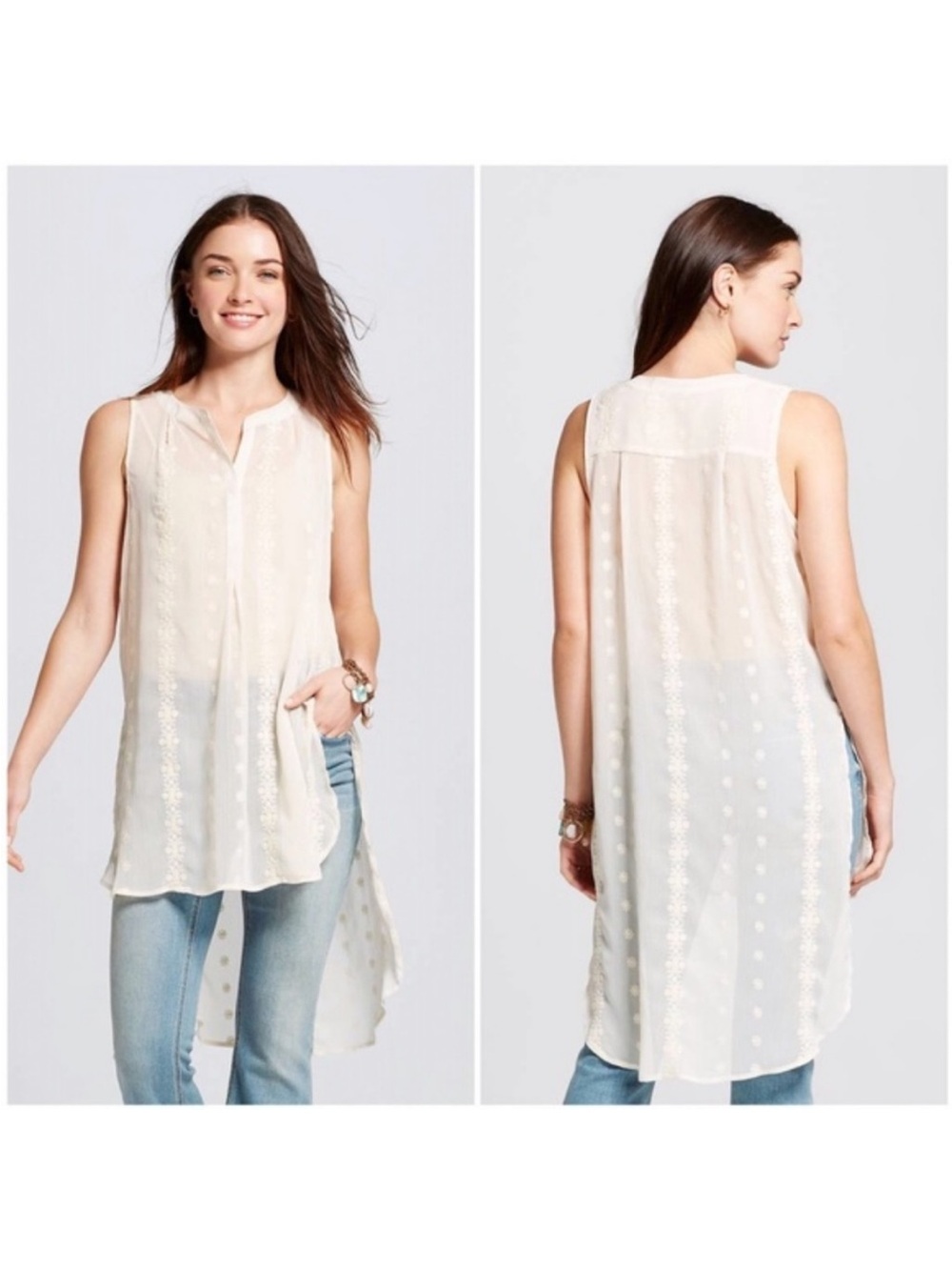 Knox Rose Embroidered Sheer High-Low Tunic Blouse